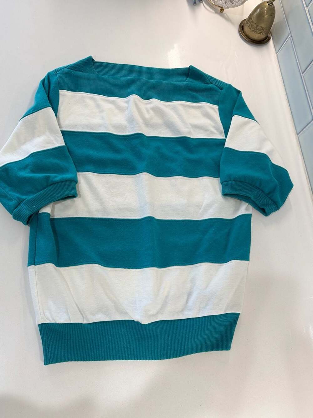 Vintage Striped Boat Neck Short Sleeve Knit Top Teal and White